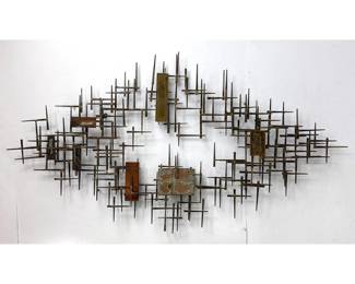 Lot 953 Large Scale Mid Century Brutalist Mixed Metal Wall Sculpture. Torch Cut Welded Iron and Brass Armatu