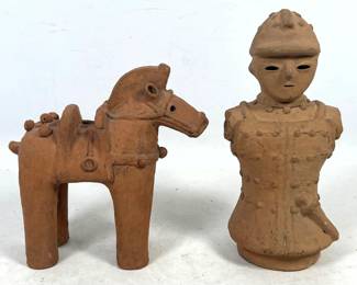 Lot 883 2pc Japanese Haniwa Terracotta Figures including Bridled Horse and Armored Warrior Bust