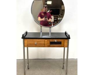 Lot 1116 Helene Curtis Art Deco Chrome and Maple Barber Shop Vanity with Large Circular Mirror