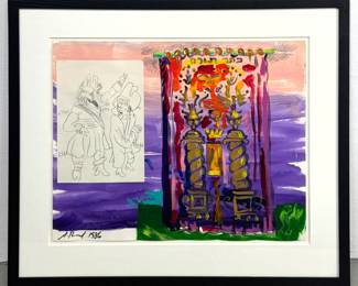 Lot 994 Artist Signed 86 Original Mixed Media Judaica Painting with Torah Ark Curtain and Figurative Sketch.