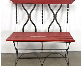 Lot 1269 Vintage Wrought Iron and Wood Slat Garden Bench. Foldable. Distressed Red Paint Patina. Outdoor. Pat