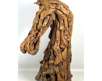 Lot 733 Large Scale Reclaimed Teak and Driftwood Horse Head Sculpture. Rustic Folk Art Style with Natural Pa