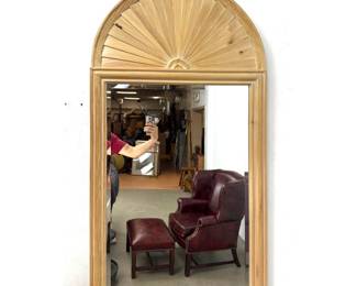Lot 1141 Large Arched Knotty Pine Wall Mirror with Pleated Sunburst Pediment and Beveled Glass