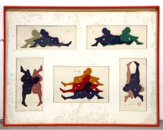 Lot 975 5 Silkscreened Images Framed Together. Colored Multiple Prints of same silhouette figural image. Art