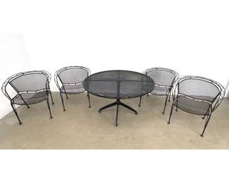 Lot 1280 5pc Iron and Metal Mesh Patio Dining Set. 4 Barrel Back Armchairs and Pedestal Table. Black Paint Fi