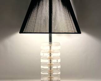 Lot 1100 GEORGE BULLIO Mid Century Modern Stacked Lucite Table Lamp. Chrome Column. Black String Cord Shade.
