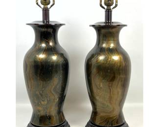 Lot 1130 Pair Large MidCentury Modern Marbled Ceramic Table Lamps Swirled Black Bronze and Gold Finish on Ci