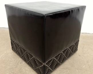 Lot 1051 Black Patent Leatherette Cube Form Stool. Square Form Ottoman Rolls on Casters. Corseted Triangle Me