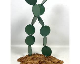 Lot 750 Joe Seltzer Signed Prickly Pear Cactus Mixed Media Sculpture on Natural Burl Wood Base. Welded Metal