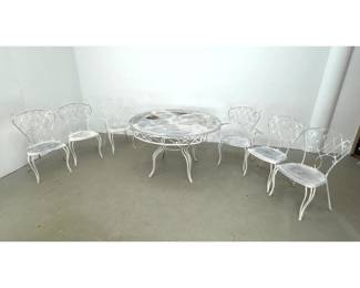 Lot 1253 7pc Wrought Iron Midcentury Modern Garden Dining Set with Round Umbrella Table and 6 Matching Chair