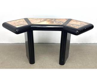 Lot 740 Postmodern Black Lacquered Console Table with Tripartite Onyx and Marble Inlaid Top with Hidden Draw