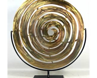 Lot 741 C. Jere Modernist Metal Spiral Sculpture, 2005. on Black Base. Signed. Brass and Iron.