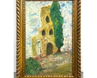 Lot 968 Artist Signed Painting on Canvas Board. Expressionist Impasto Landscape with Tower and Cypress Tree.