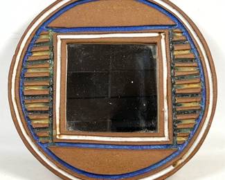 Lot 775 Studio Art Pottery Circular Stoneware Wall Mirror featuring Geometric Decoration and Blue and White