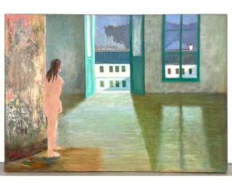 Lot 1014 Large Scale Figurative Oil on Canvas. Interior with Nude Female Figure and Open French Doors.