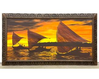 Lot 1104 BETTY MILLER Signed Painting. Pacific Outrigger Sailboats. Carved Frame. Large Painting on Canvas. S