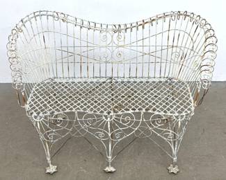 Lot 1258 Antique Victorian White Painted Wire Garden Bench. Settee. Ornate scrolling wire work motifs Metal P