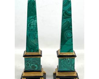 Lot 792 Pair Italian Ceramic Faux Malachite Obelisks with Gilded Lion Paw Feet