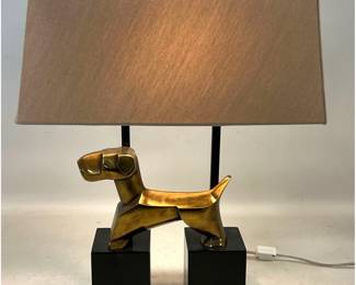 Lot 919 Modern Stylized Brass Finished Dog Table Lamp with Rectangular Shade and Twin Black Bases