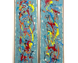 Lot 971 Pair Dennis Sakelson Modernist Abstract Expressionist Drip Paintings on Canvas