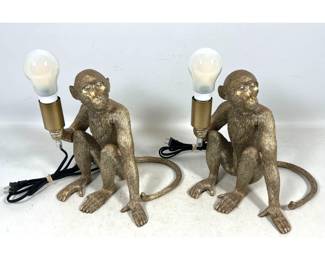 Lot 1034 Pair of Gold Tone Resin Seated Monkey Table Lamps with Modern Braided Cords. Unsigned.