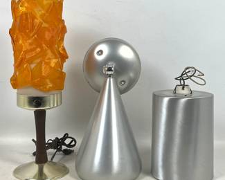 Lot 1198 3pc Mid Century Modern Lighting Lot including Moe Light Cone Sconce and Litecraft Cylinder Pendant