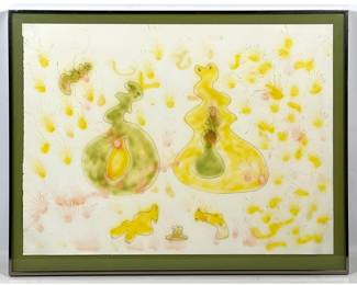Lot 874 Large Scale Biomorphic Surrealist Mixed Media Composition on Deckle Edged Paper Framed Under Glass