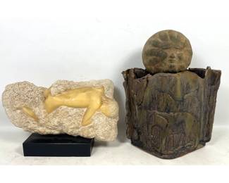 Lot 1179 2pcs Peggy Mach resin relief sculpture and ceramic vessel with face and animal motifs. Reclining mal