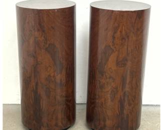 Lot 743 Pair of Cylindrical Burl Wood Veneer Pedestals with Recessed Plinth Bases. Unsigned.