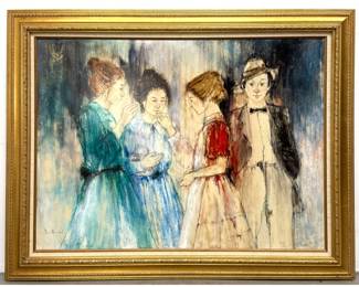 Lot 986 SUSAN SAHALL Mixed Media Painting. Depicting 4 Figures in Conversation. Signed.