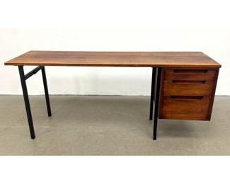 Lot 1125 Mid Century Modern Walnut and Black Metal Desk. Three Drawers. Not marked.