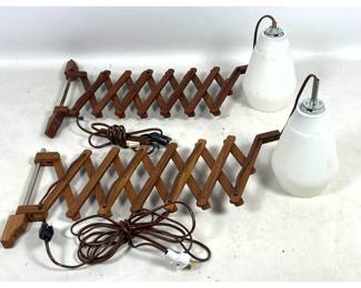 Lot 1197 2pcs Mid Century Modern Teak Accordion Arm Wall Sconces with Frosted White Glass Shades. Unmarked.