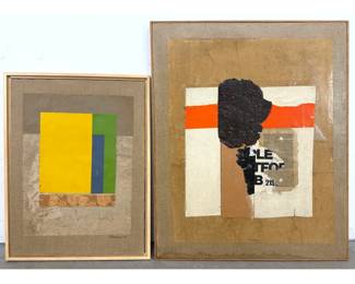 Lot 966 2pc PHILLIP RITZENBERG Contemporary Mixed Media Art. Collage with book page, Colored paper, etc. Eac