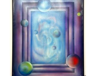 Lot 1004 Signed Airbrushed Surrealist Painting. Colorful image of Layered Framed Window with Spheres. The Ga