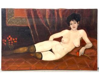 Lot 1005 Large Norman Rubington Oil on Canvas Study of Reclined Female Nude with Knee Highs Large Scale Signe