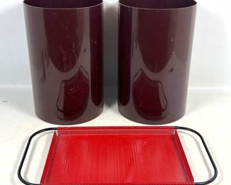 Lot 1200 3pc MidCentury Modern Desk Accessory Set Including Pair Kartell Milano Burgundy Wastepaper Baskets
