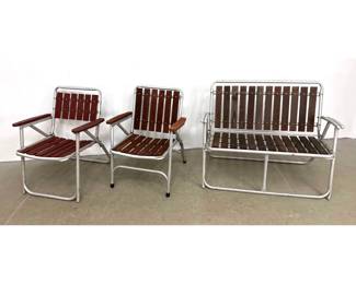 Lot 1274 3pc Mid Century Modern Mid Century Modern Folding Patio Furniture Set and Two Armchairs and One Two