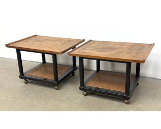 Lot 1153 Pair of Chinoiserie Style Burl Wood and Black Lacquer Mobile Side Tables with Caned Shelves