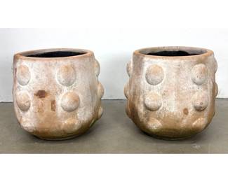 Lot 1234 Pair of Large Modernist Terracotta Studded Garden Planters with White Wash Finish. Bumpy pots.