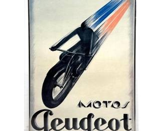 Lot 960 MOTOS PEUGEOT Advertising Poster. A speeding motorcycle with dramatic blue and red speed streaks rep