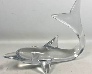 Lot 853 Large DAUM France Clear Crystal Dolphin Sculpture. Engraved Signature