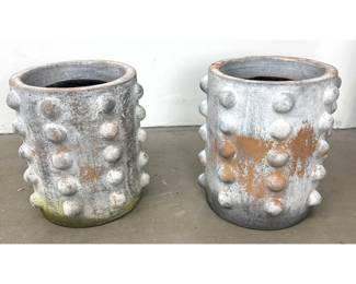 Lot 1232 Pair Large Terracotta Cylinder Planters With White Wash Finish And Raised Stud Decoration. Bumpy pot