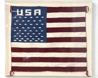 Lot 942 Dine Navajo Pictorial Weaving American Flag Motif with USA and Diamond Stars. Framed.