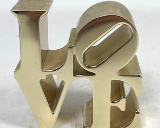 Lot 809 Polished Gold Toned Metal Robert Indiana LOVE Desktop Sculpture and Paperweight in Pop Art Style. Un