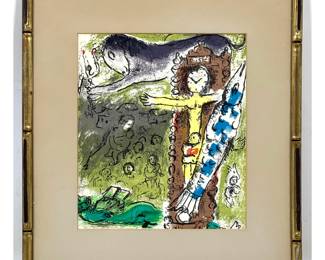 Lot 720 After Marc Chagall color lithograph Le Christ a l Horloge framed under glass. Signed in print.