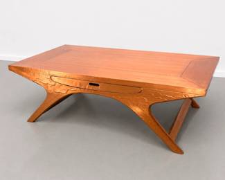 Lot 1080 Modernist Design Mid Century Style Copper Clad over Wood Coffee Table with drawer. Decorator.