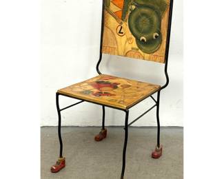 Lot 940 Whimsical Trompe Loeil Side Chair. Wrought Iron Side Chair with Polychrome Painted Low Relief Panels