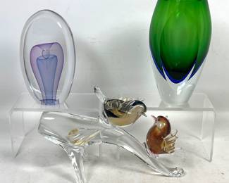 Lot 797 3pc Lot of Art Glass, Signed Studio Sculpture Signed and Dated 1993 Sculpture, Sommerso Faceted Vase