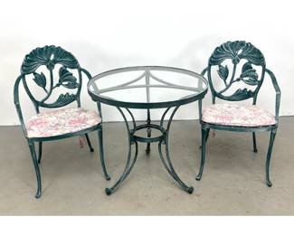Lot 1251 3pc Cast Aluminum Patio Bistro Set with Floral Motif Armchairs and Glass Top Table.