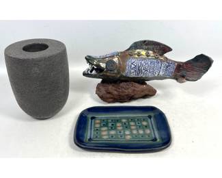 Lot 822 3pc Contemporary Studio Ceramic lot including Platypus volcanic glaze vessel, Haring geometric tray